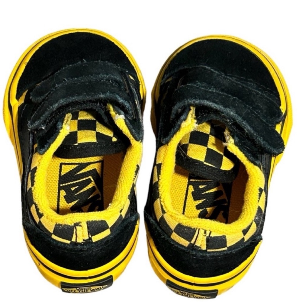 Vans Black & Yellow Checkered Print Slip On Infant Toddler Skateboard Shoe Sz 3
